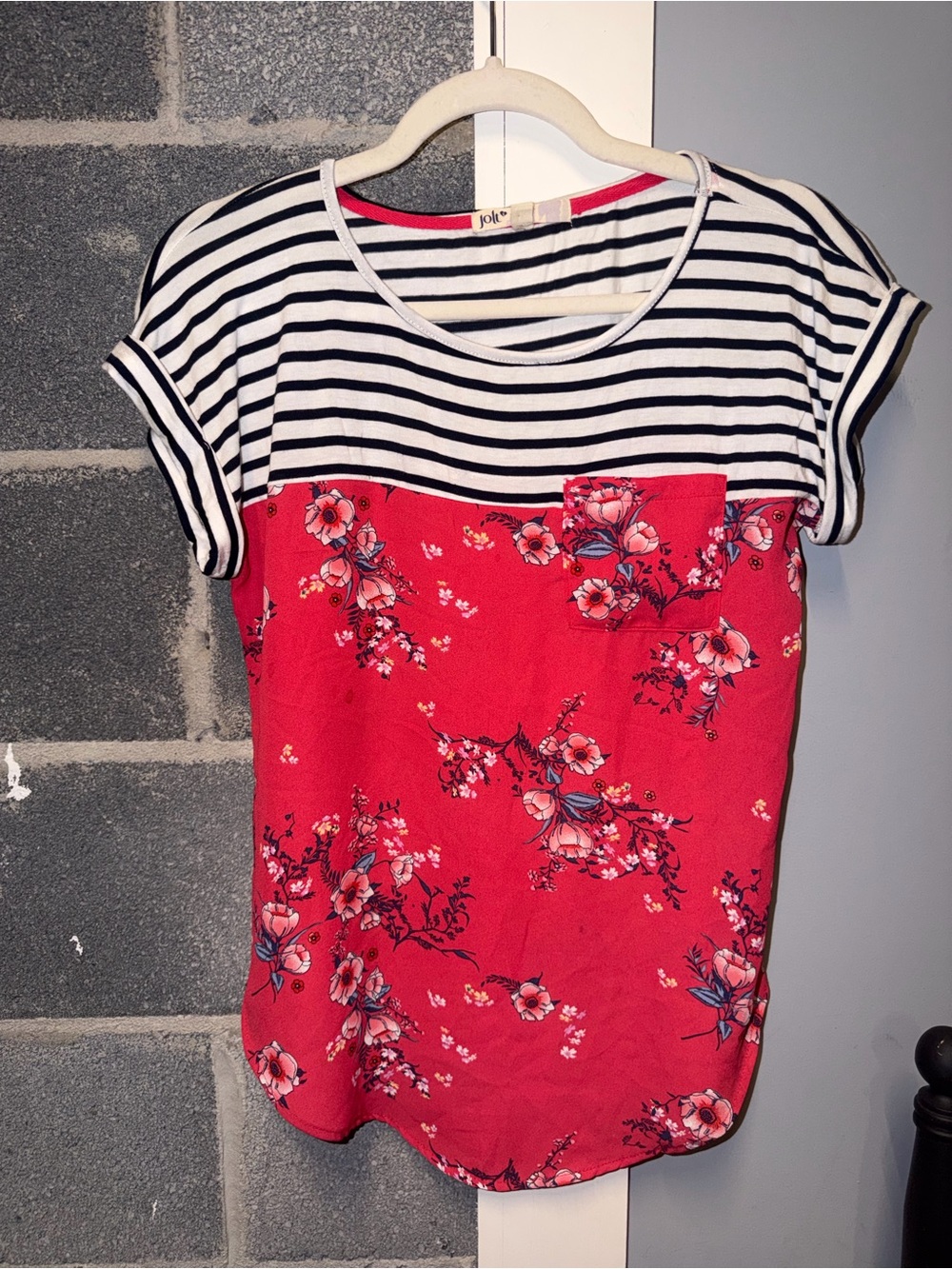Jolt Red Floral Top with Black & White Stripes